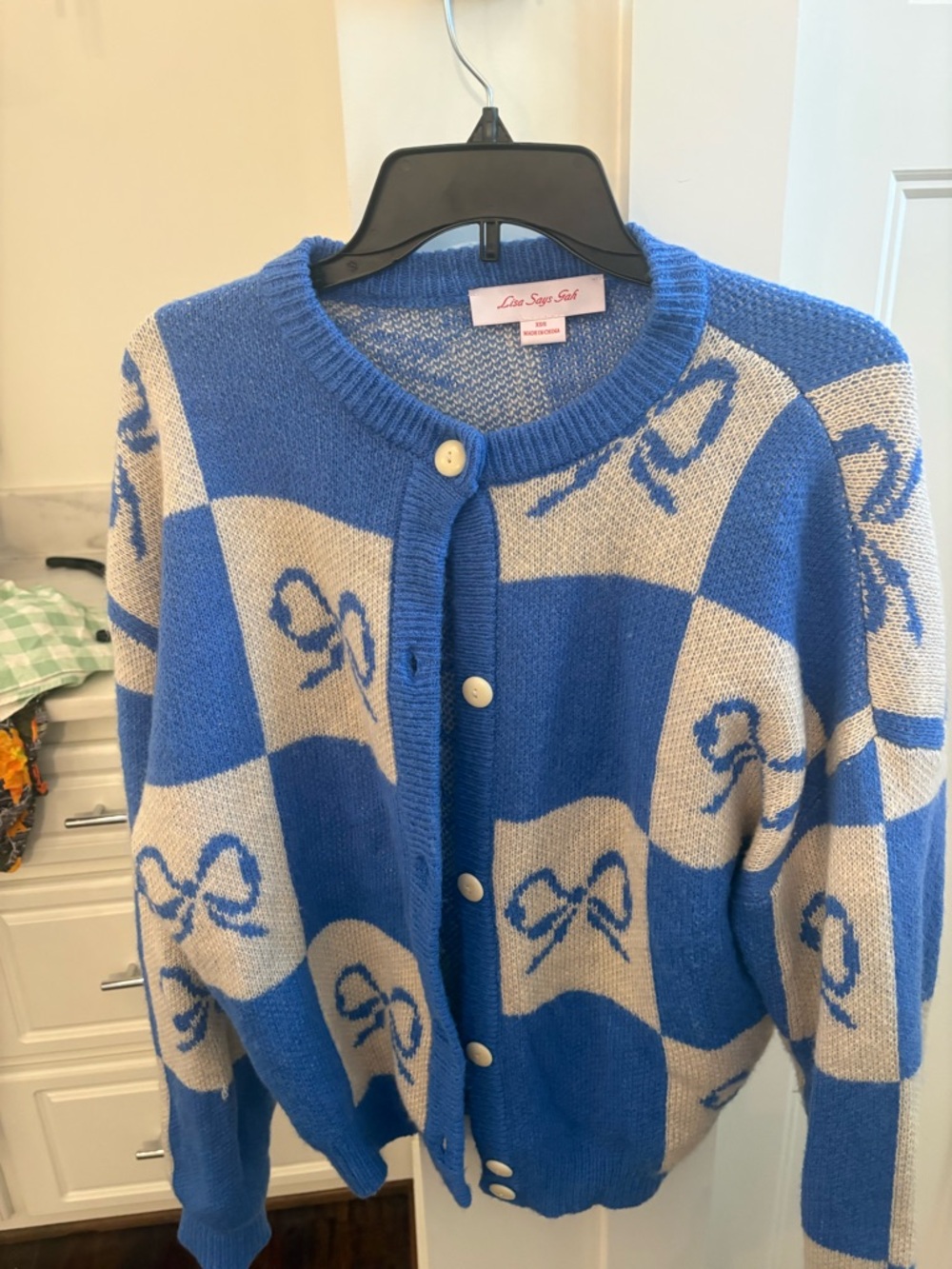 Lisa Says Gah Blue and Cream Checkered Bow Cardigan